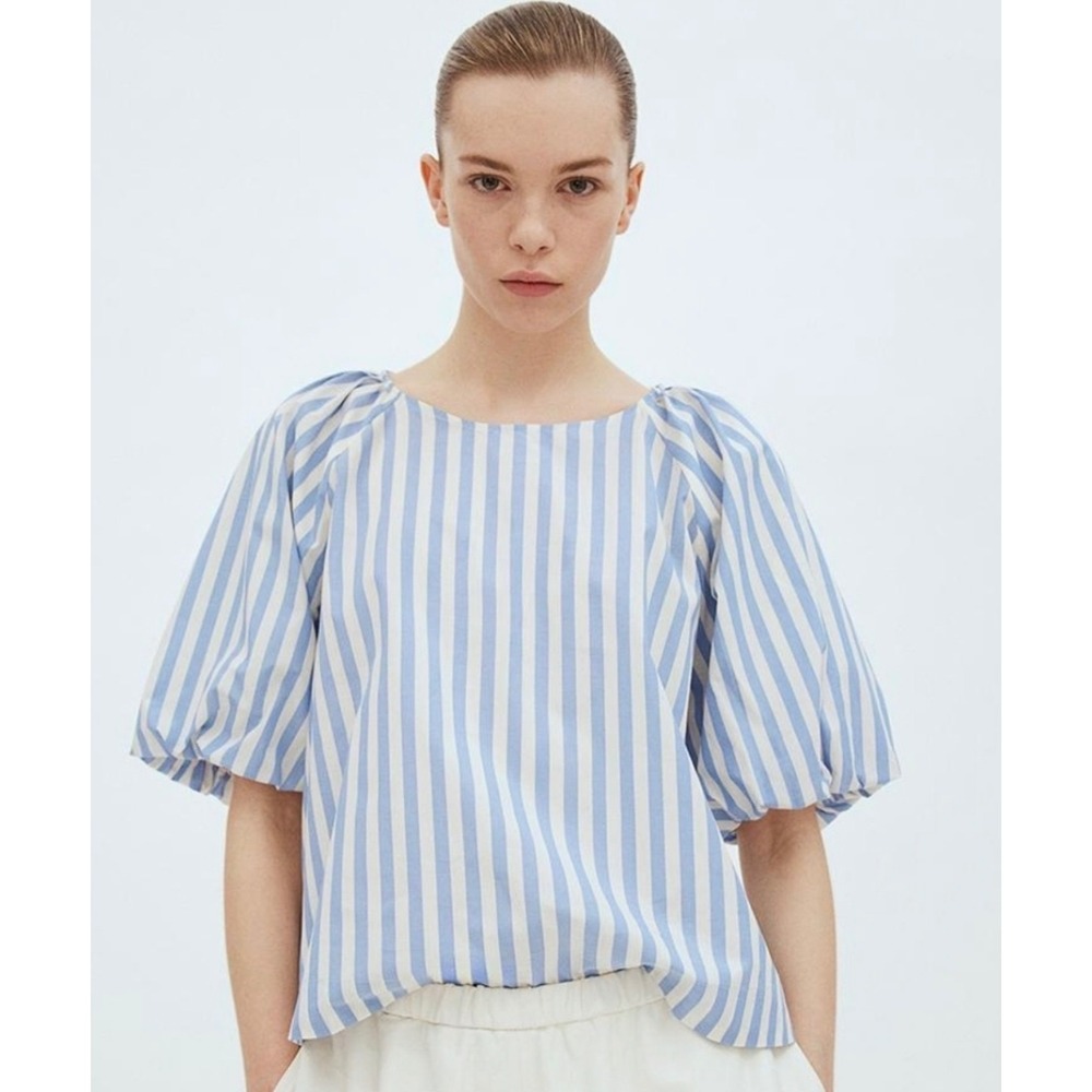 H&M Blue White Striped Puff Sleeve Cotton Poplin Blouse Top Large